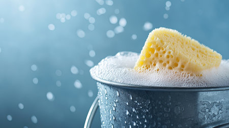 A vibrant yellow sponge rests in a bucket filled with bubbles against a soft blue background, capturing the essence of cleanliness and household care, ideal for various thematic projects.の素材