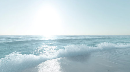 A peaceful and serene ocean scene depicting gentle waves lapping against a sunlit shoreline, perfect for conveying tranquility and relaxation in summer.の素材