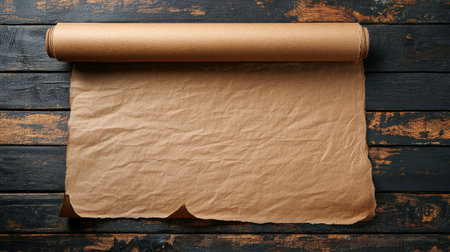 Roll of brown craft paper on a rustic wooden surface, perfect for various artistic projects, wrapping gifts, or creating unique invitations with a natural aesthetic.の素材