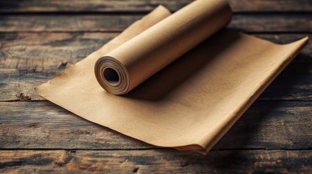 This image features a roll of brown craft paper alongside a flat sheet, resting on a rustic wooden surface, perfect for various creative and artistic projects.の素材