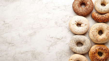 An inviting display of assorted bagels featuring various toppings, perfect for a breakfast table or snack selection, showcasing freshness and deliciousness.の素材