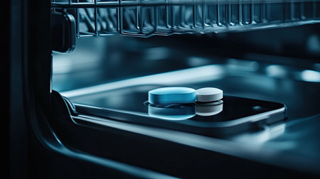 A captivating close-up of circular tablet discs resting on a sleek black surface inside a dishwasher, highlighting modern kitchen technology and design aesthetics in a hygienic environment.の素材