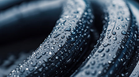 A stunning close-up image of black rubber hoses, adorned with water droplets, showcasing their unique texture and shine against a dark backdrop, perfect for industrial themes.の素材