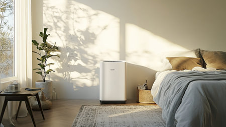 A serene bedroom scene featuring a modern air purifier beside a cozy bed, enhanced by soft natural light filtering through the window, creating a peaceful and inviting atmosphere.の素材
