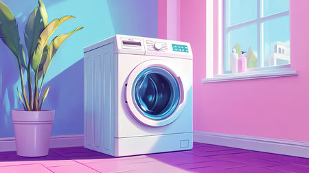 A visually striking modern washing machine is positioned in a bright laundry room filled with colorful walls and a house plant, representing cleanliness and a contemporary living space.の素材