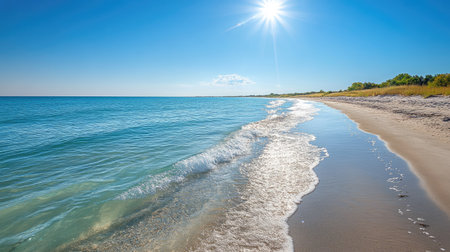 A stunning beach landscape featuring gentle waves lapping at a sandy shore under a clear blue sky, highlighted by brilliant sunlight creating a tranquil atmosphere perfect for relaxation.の素材