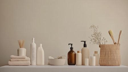 A stylish display of skincare products in soothing natural tones, creating a serene atmosphere ideal for wellness and relaxation in modern bath decor.の素材