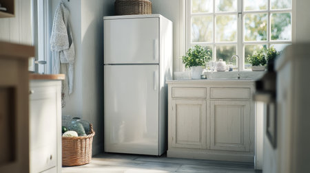A bright and inviting modern kitchen features a white refrigerator, wooden cabinetry, and vibrant green plants, all bathed in soft natural light for a serene atmosphere.の素材