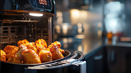 Enjoy perfectly cooked crispy chicken wings made in a modern air fryer, showcasing a bright kitchen with soft lighting and contemporary design elements.の素材