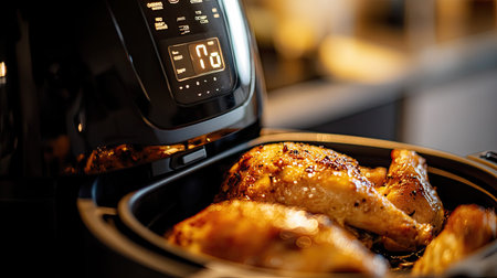 A sleek air fryer showcases perfectly cooked chicken pieces, emphasizing modern cooking technology, ideal for healthy meal preparation and efficient kitchen design.の素材