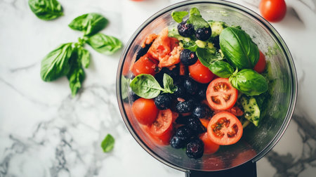 A vibrant assortment of fresh tomatoes, blueberries, and basil leaves in a food processor, evoking a healthy and colorful culinary experience on a marble surface.の素材