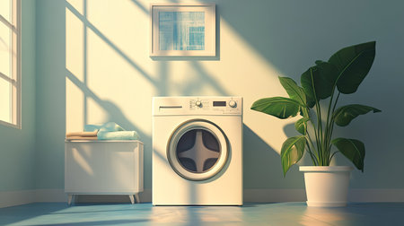 A beautifully styled laundry room showcasing a modern washing machine, lush greenery, and soft textiles, bathed in sunlight that creates a serene and welcoming atmosphere.の素材