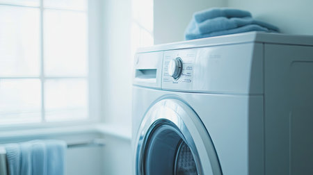 Bright laundry room featuring a modern washing machine, complemented by soft blue towels, creating a fresh and clean ambiance ideal for home chores.の素材