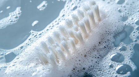 A close-up view of a toothbrush immersed in soapy water with bubbles, symbolizing effective dental hygiene practices and the importance of fresh breath in daily health routines.の素材