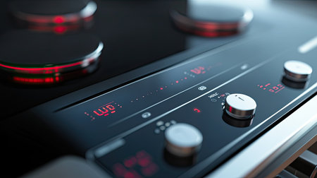 A sleek electric cooktop featuring modern touch controls and vibrant red indicators, perfect for contemporary kitchens and efficient cooking experiences.の素材