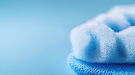 Vibrant close-up of a blue bath sponge featuring a soft surface and bubbles, perfect for conveying themes of cleanliness, relaxation, and home hygiene in various creative projects.の素材