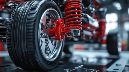 This image features a detailed close-up of a modern automotive wheel with a striking red suspension system, showcasing engineering excellence in a well-lit workshop setting.の素材