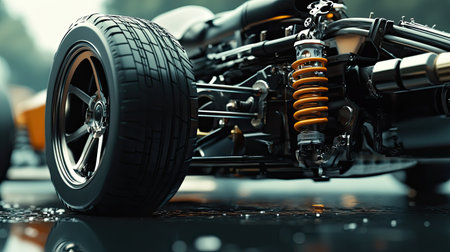 Discover a detailed close-up of a high-performance automotive suspension system showcasing a shock absorber and tire, highlighting advanced engineering in action.の素材