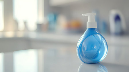A stylish blue liquid soap dispenser sits elegantly on a countertop, illuminated by soft natural light, epitomizing cleanliness and wellness in a modern bathroom or kitchen setting.の素材