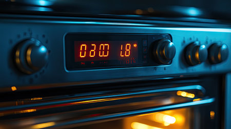 A close-up view of a modern oven control panel showcasing a digital display indicating temperature and timer, perfect for culinary enthusiasts and home cooks.の素材