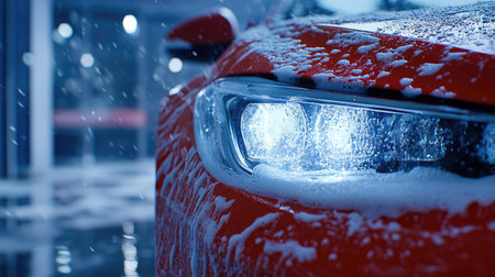A vibrant red car with a sparkling headlight glistens under water droplets and soap foam, capturing the essence of automotive care during a thorough car wash.の素材