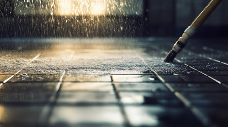 A dynamic scene showcasing high-pressure water cleaning on a tiled floor, with a nozzle spraying water to remove dirt and grime, illuminated by soft sunlight in an industrial space.の素材