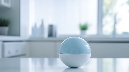 A blue and white decorative object sits elegantly on a kitchen counter, embodying modern design with a touch of minimalism and freshness amid a bright and airy space.の素材