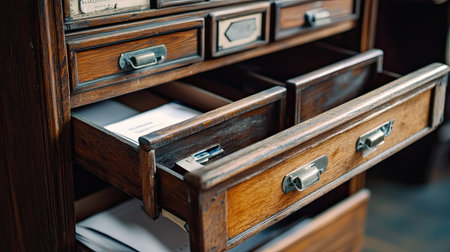 A vintage wooden cabinet with open drawers displays paper documents, showcasing exquisite craftsmanship and evoking a sense of rustic charm and nostalgia.の素材
