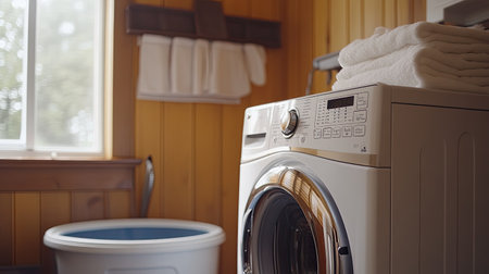 A modern laundry room showcasing a stylish washer with fresh towels, set in a bright, cozy space that highlights cleanliness and functionality for home enthusiasts.の素材