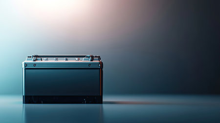 A modern industrial battery displayed on a smooth surface, illuminated by soft light, highlighting its sleek design and functionality, ideal for energy storage solutions.の素材