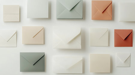 A collection of assorted stylish envelopes in different shapes and colors, ideal for enhancing invitations, letters, or creative projects, captured on a light background.の素材