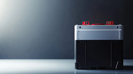 A sleek car battery positioned on a reflective surface, featuring dramatic lighting that highlights its design and functionality, perfect for automotive and engineering projects.の素材