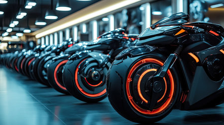 A striking lineup of futuristic motorcycles displayed in a modern showroom, highlighting advanced design features and illuminated wheels, perfect for technology enthusiasts and vehicle lovers.の素材