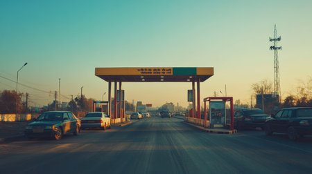 A captivating morning scene featuring a toll booth bustling with vehicles against a backdrop of a clear blue sky and distant urban landscape during sunrise.の素材
