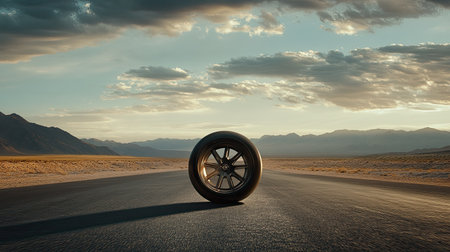 A captivating image of a lone car tire on a deserted highway, surrounded by stunning mountains and a dynamic sky, symbolizing adventure and the open road.の素材