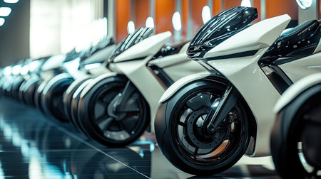 Discover a showcase of sleek and futuristic motorcycles designed for performance and innovation, set in a modern exhibition space that highlights their striking features.の素材