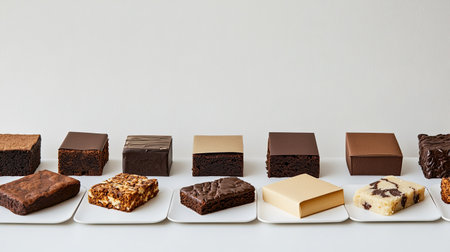 This image features a selection of gourmet brownies in various flavors and textures, elegantly arranged on white plates. Perfect for showcasing dessert creativity.の素材