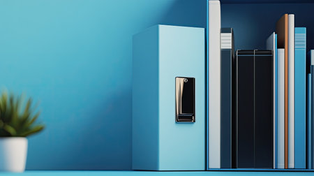 A visually appealing office shelf showcasing neatly organized books and folders with a small decorative plant, perfect for enhancing workspace aesthetics and productivity.の素材