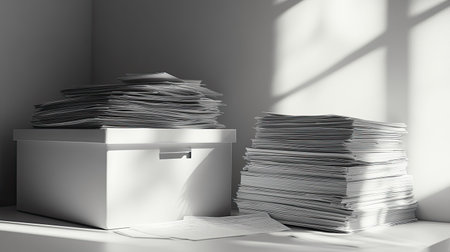 A serene office scene featuring stacked paperwork and a storage box, illuminated by natural sunlight, ideal for representing office organization and administrative tasks.の素材