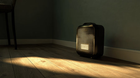 A vintage electric heater positioned in a room corner casts soft shadows and warm light, creating a cozy and inviting atmosphere perfect for winter comfort and relaxation.の素材