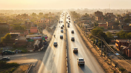 A stunning view of a busy road filled with cars during sunset, showcasing vibrant urban life surrounded by buildings and warm evening light. Perfect for travel or urban themes.の素材