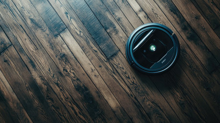 A sleek robotic vacuum device rests on a beautifully polished wooden floor, showcasing advanced technology for effortless cleaning and home maintenance for modern households.の素材