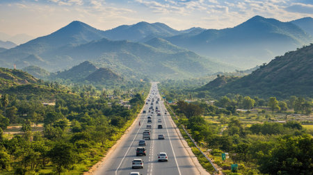 Captivating view of a long highway meandering through vibrant green valleys and stunning mountain ranges, showcasing the beauty of nature and travel potential.の素材