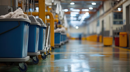 A dynamic view of an industrial cleaning facility showcasing blue buckets on wheels along a shiny wet floor, bathed in bright overhead lights, emphasizing cleanliness and organization.の素材