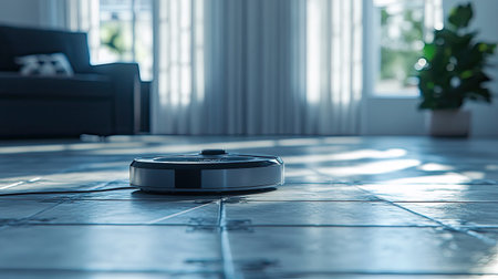 A sleek robotic vacuum cleaner operates in a bright and airy living room, highlighting modern technology and elegant interior design with natural lighting.の素材