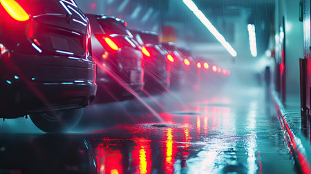 A captivating night scene featuring parked cars in a garage, illuminated by colorful backlights, creating beautiful reflections on the wet pavement amidst falling rain.の素材