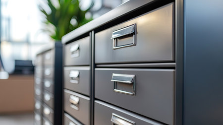 Discover a modern office scene featuring sleek metal filing cabinets with drawers, complemented by green plant accents and bright, natural lighting for an inspiring workspace.の素材