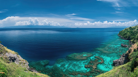 Experience the serene beauty of a tropical seascape showcasing vibrant coral reefs and crystal clear waters beneath a bright blue sky, perfect for nature lovers and travelers.の素材