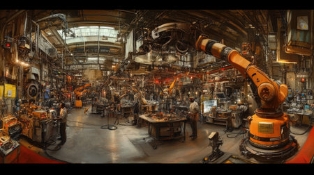 Explore a vibrant industrial workshop featuring advanced robotics, workers, and complex machinery at play in a high-tech manufacturing setting filled with energy and innovation.の素材