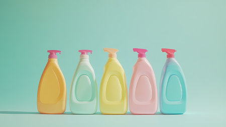 Vibrant and colorful cleaning products arranged on a smooth backdrop, showcasing modern design elements and promoting a clean and fresh home aesthetic.の素材